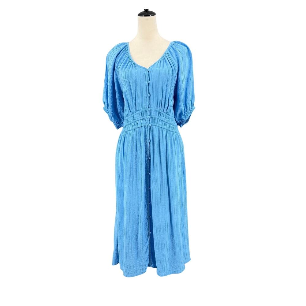 Destination 365 Azure Blue V-Neck Short Puff Sleeve Button Front Midi Dress
